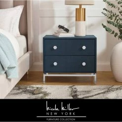 Jazmyne Navy/Chrome Side Table 2 Drawers Faux Shagreen 23.7L x 16W x 21H by Nicole Miller -Elama Sales Store navy chrome nicole miller end side tables nst322 10ny hd 31 1000