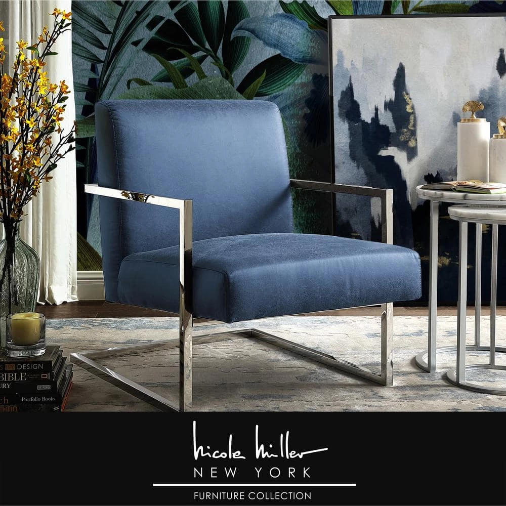 Konnor Navy/Chrome PU Leather Accent Chair with Square Arm by Nicole Miller 1 Konnor Navy/Chrome PU Leather Accent Chair with Square Arm by Nicole Miller