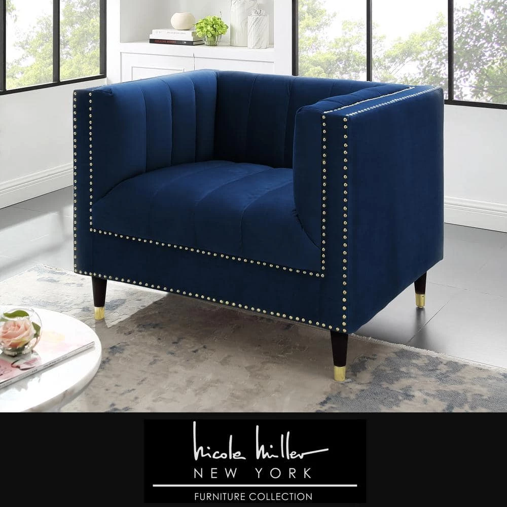 Joan Velvet Club Arm Chair Navy/Gold Tufted Nailhead Trim by Nicole Miller 1 Joan Velvet Club Arm Chair Navy/Gold Tufted Nailhead Trim by Nicole Miller