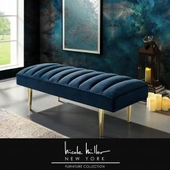 Denver Navy/Gold Velvet Bench with Upholstered by Nicole Miller