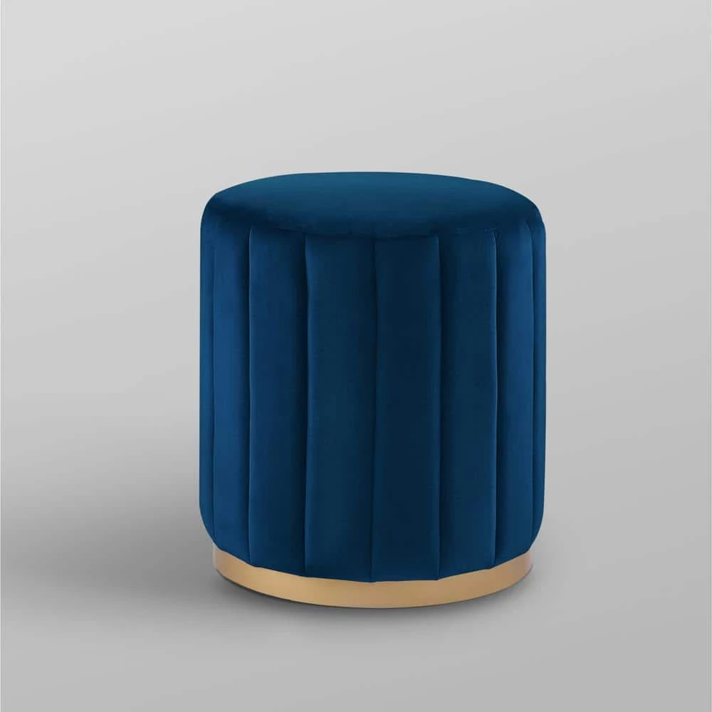 Mohit Navy/Gold Velvet Round Ottoman with Metal Base by Nicole Miller 7 Mohit Navy/Gold Velvet Round Ottoman with Metal Base by Nicole Miller - Image 7
