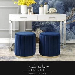 Mohit Navy/Gold Velvet Round Ottoman with Metal Base by Nicole Miller