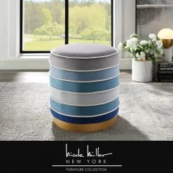 Alicia Navy Velvet Tufted Ottoman with Matte Metal Base by Nicole Miller