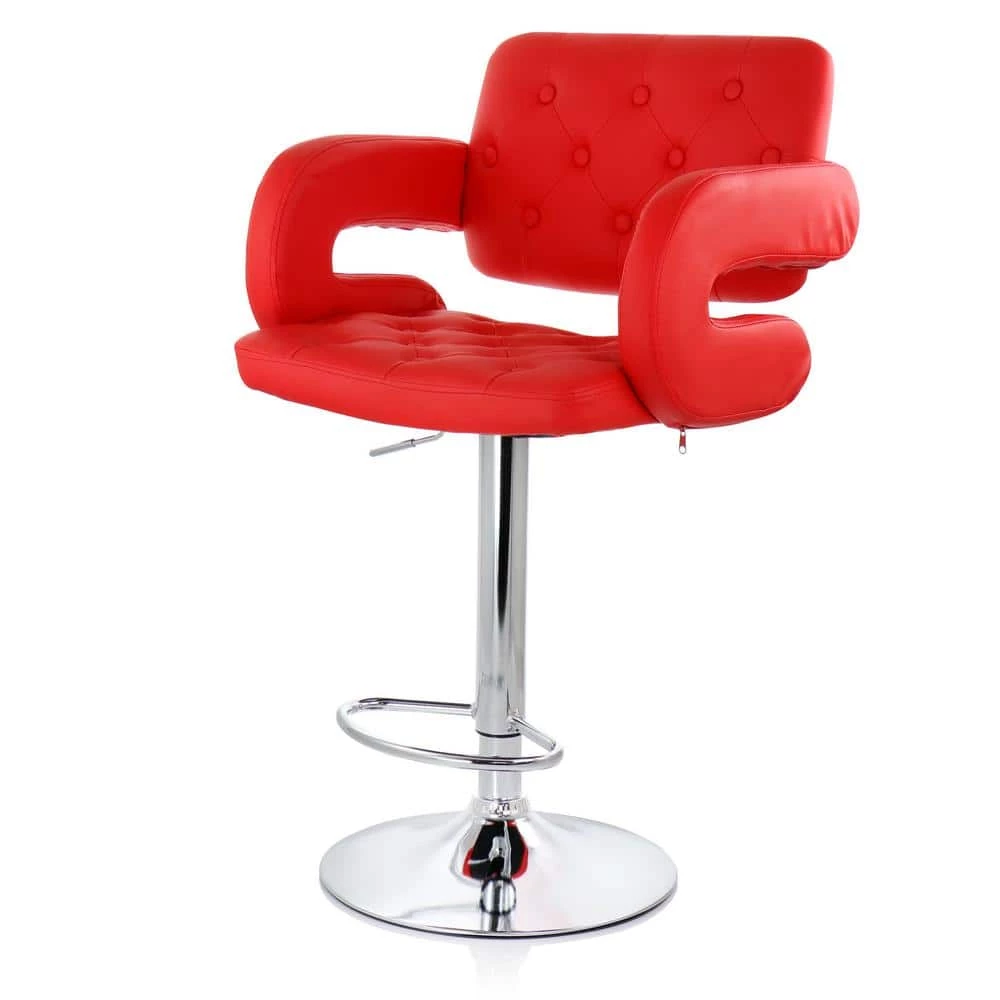 35 in. Red and Chrome High Back Faux Leather Tufted Bar Stool with Adjustable Height by Elama 1 35 in. Red and Chrome High Back Faux Leather Tufted Bar Stool with Adjustable Height by Elama