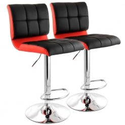 2-Piece Adjustable Faux Leather 35 in. Black and Red High Back Metal Bar Stool with Chrome Base by Elama