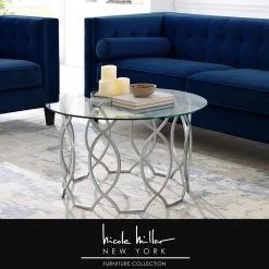 Catalina 32 in. Silver Medium Round Glass Coffee Table with Glass Top with Storage by Nicole Miller