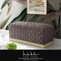 Elama Sales Store 9 Diamond Hand Woven Taupe/Gold Velvet Bench by Nicole Miller