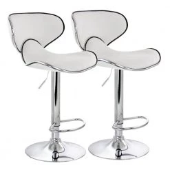 35 in White and Chrome Curved Back Faux Leather Bar Stool with Adjustable Height (Set of 2) by Elama