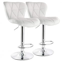 2-Piece Diamond Tufted Faux Leather Adjustable 35 in. Bar Stool in White with Chrome Base by Elama