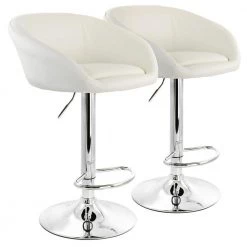 24 in. White Low Back Tufted Faux Leather Adjustable Bar Stool with Chrome Base (Set of 2) by Elama