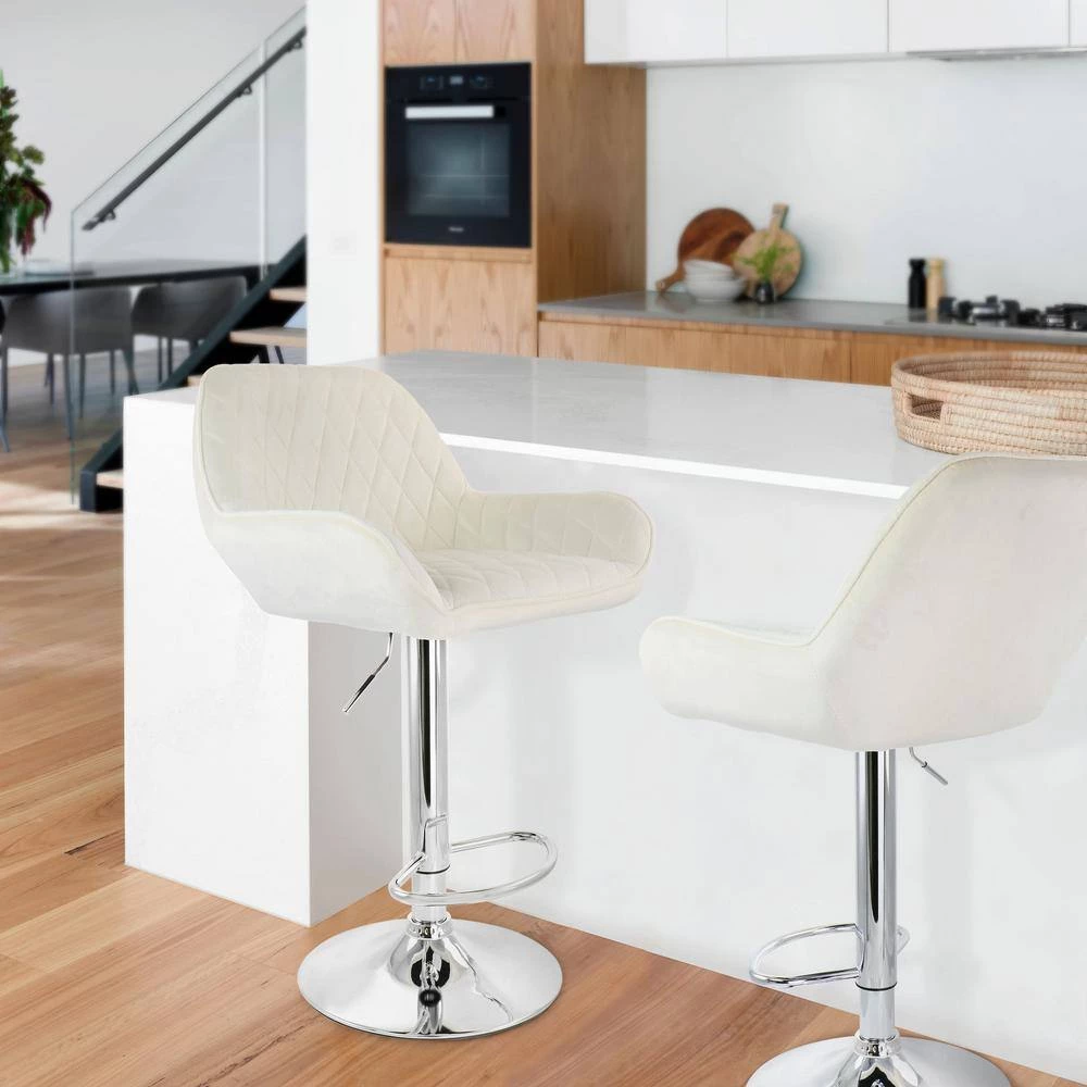 32 in. White Velvet Low Back Adjustable Bar Stool with Chrome Base (Set of 2) by Elama 3 32 in. White Velvet Low Back Adjustable Bar Stool with Chrome Base (Set of 2) by Elama - Image 3