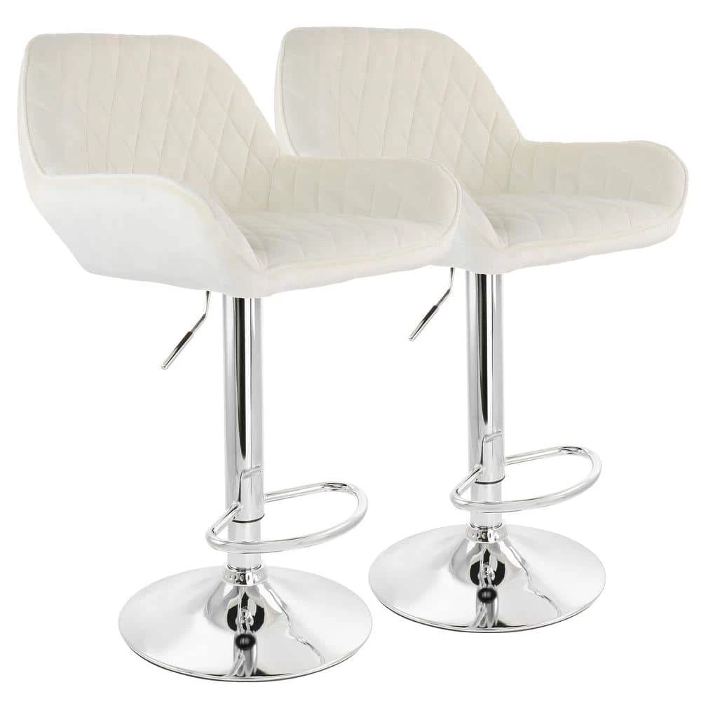 32 in. White Velvet Low Back Adjustable Bar Stool with Chrome Base (Set of 2) by Elama 1 32 in. White Velvet Low Back Adjustable Bar Stool with Chrome Base (Set of 2) by Elama