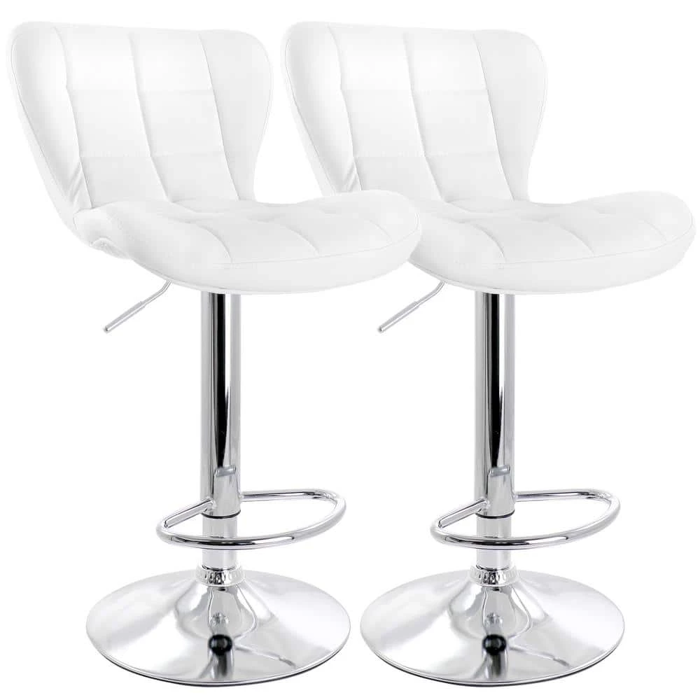 2-Piece Adjustable Faux Leather 34 in. White Low Back Metal Bar Stool with Chrome Base by Elama 1 2-Piece Adjustable Faux Leather 34 in. White Low Back Metal Bar Stool with Chrome Base by Elama