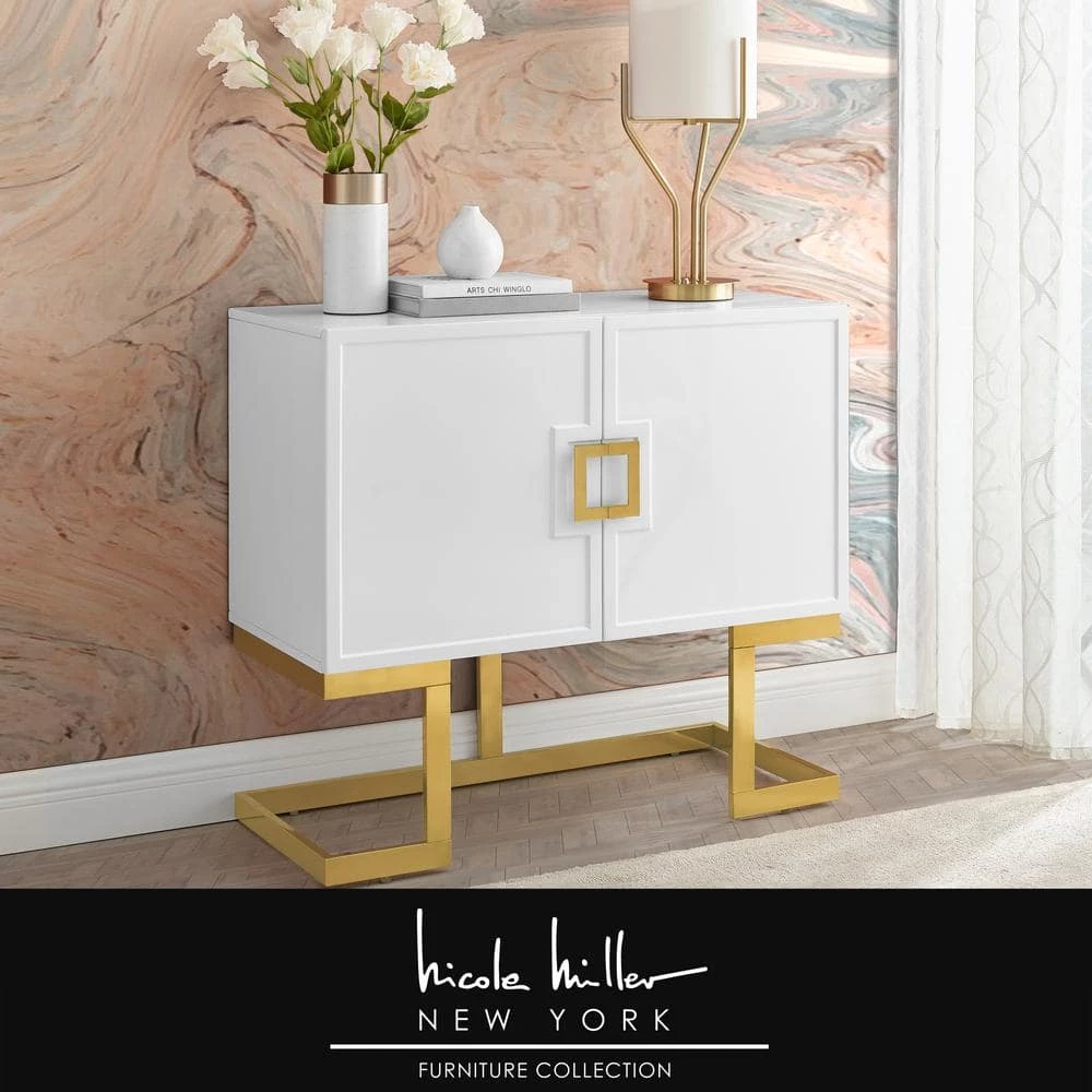 Olina White/Gold Cabinet 2-Doors 2-Adjustable Shelves 4-Compartments by Nicole Miller 2 Olina White/Gold Cabinet 2-Doors 2-Adjustable Shelves 4-Compartments by Nicole Miller - Image 2