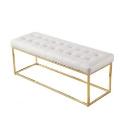 Koa White/Gold PU Leather Bench with Button Tufted Metal Frame by Nicole Miller -Elama Sales Store white gold nicole miller bedroom benches nbh116 01wg hd 1f 1000