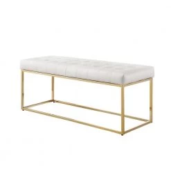 Koa White/Gold PU Leather Bench with Button Tufted Metal Frame by Nicole Miller -Elama Sales Store white gold nicole miller bedroom benches nbh116 01wg hd 4f 1000