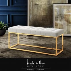 Elama Sales Store 17 Koa White/Gold PU Leather Bench with Button Tufted Metal Frame by Nicole Miller