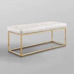 Koa White/Gold PU Leather Bench with Button Tufted Metal Frame by Nicole Miller -Elama Sales Store white gold nicole miller bedroom benches nbh116 01wg hd fa 1000