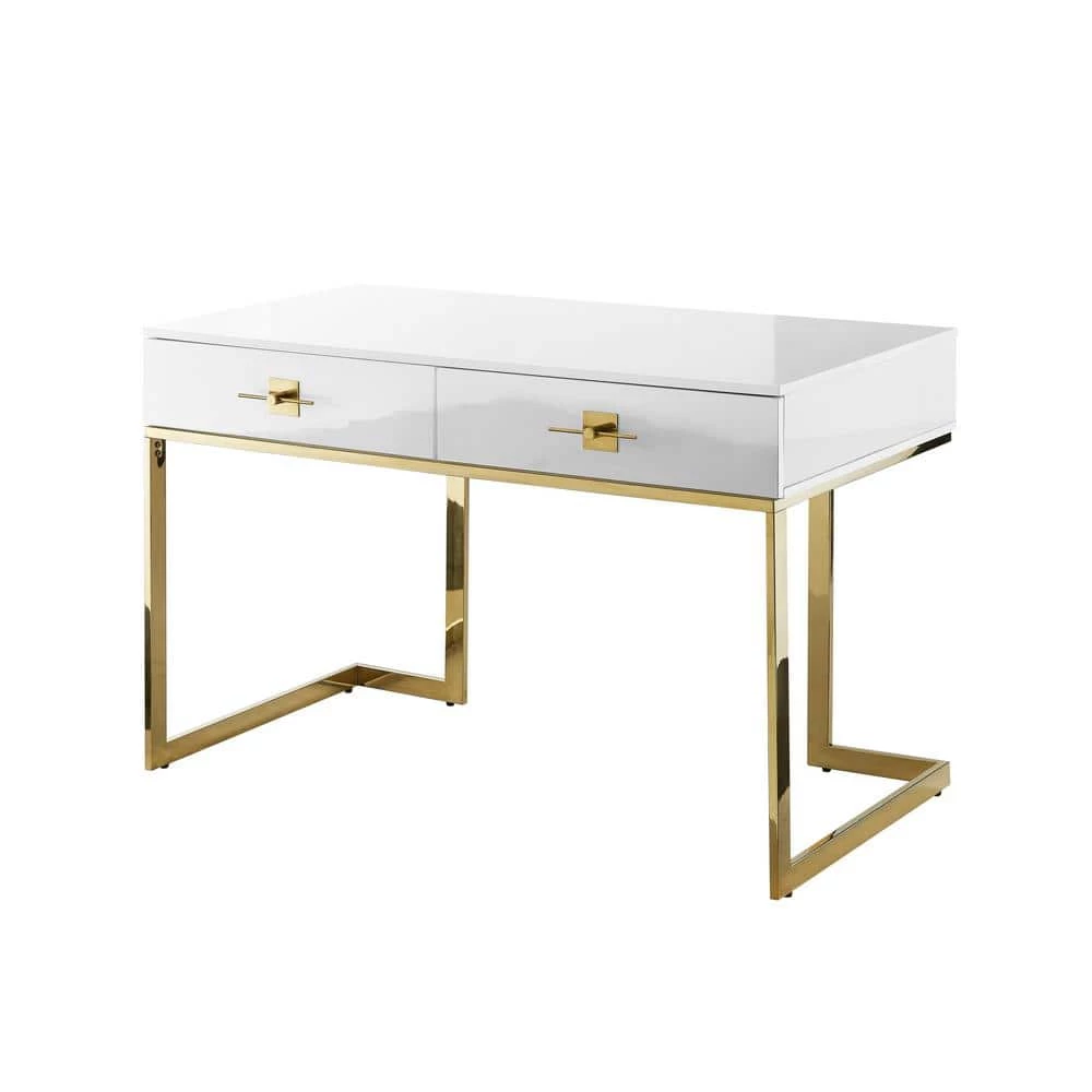 23.6 in. Rectangular White/Gold 2 Drawer Executive Desks with Steel Frame by Nicole Miller 4 23.6 in. Rectangular White/Gold 2 Drawer Executive Desks with Steel Frame by Nicole Miller - Image 4
