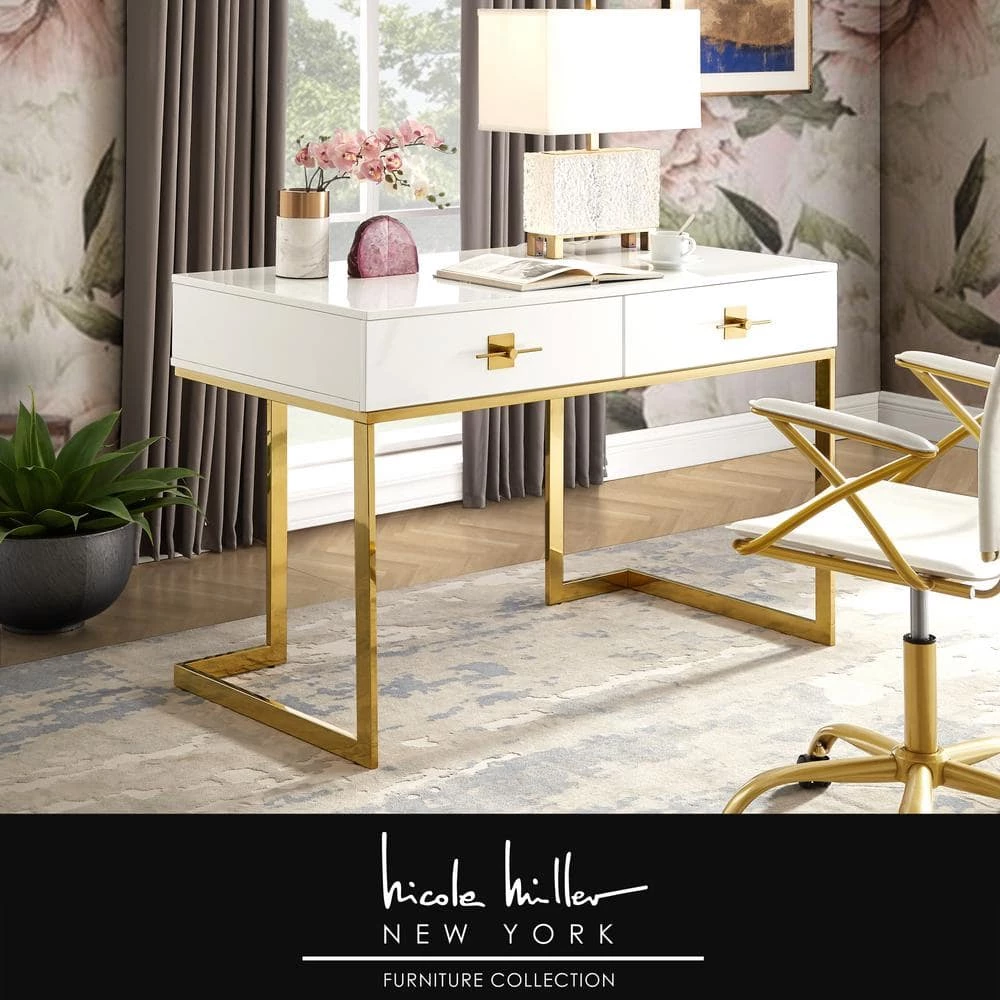 23.6 in. Rectangular White/Gold 2 Drawer Executive Desks with Steel Frame by Nicole Miller 5 23.6 in. Rectangular White/Gold 2 Drawer Executive Desks with Steel Frame by Nicole Miller - Image 5