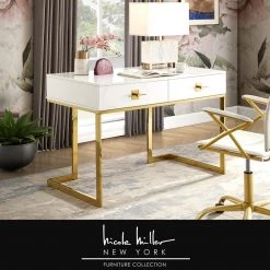 23.6 in. Rectangular White/Gold 2 Drawer Executive Desks with Steel Frame by Nicole Miller 19 23.6 in. Rectangular White/Gold 2 Drawer Executive Desks with Steel Frame by Nicole Miller -Elama Sales Store white gold nicole miller executive desks ndk197 09wg hd fa 1000 1
