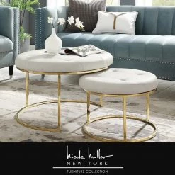 Draven Nesting Ottoman White/Gold PU Leather Button Tufted Metal Frame (Set of 2) by Nicole Miller 17 Draven Nesting Ottoman White/Gold PU Leather Button Tufted Metal Frame (Set of 2) by Nicole Miller -Elama Sales Store white gold pu leather nicole miller ottomans non106 01wg hd 31 1000