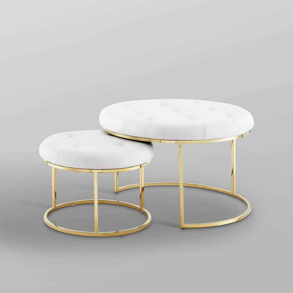 Draven Nesting Ottoman White/Gold PU Leather Button Tufted Metal Frame (Set of 2) by Nicole Miller 6 Draven Nesting Ottoman White/Gold PU Leather Button Tufted Metal Frame (Set of 2) by Nicole Miller - Image 6