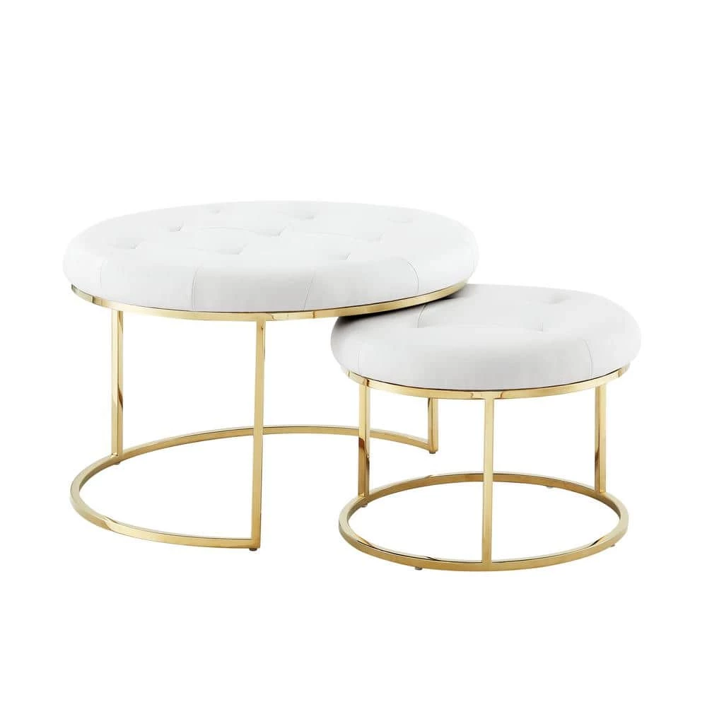 Draven Nesting Ottoman White/Gold PU Leather Button Tufted Metal Frame (Set of 2) by Nicole Miller 1 Draven Nesting Ottoman White/Gold PU Leather Button Tufted Metal Frame (Set of 2) by Nicole Miller