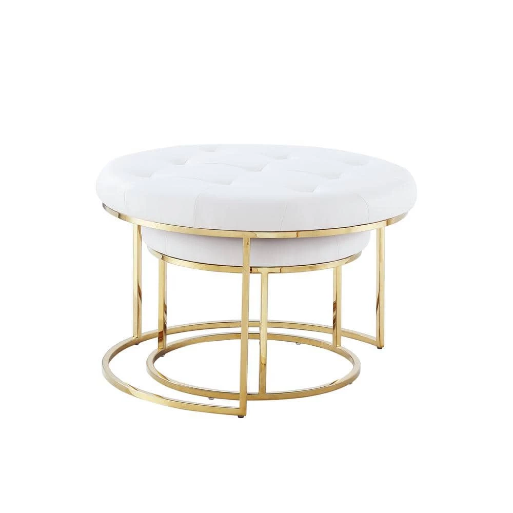Draven Nesting Ottoman White/Gold PU Leather Button Tufted Metal Frame (Set of 2) by Nicole Miller 2 Draven Nesting Ottoman White/Gold PU Leather Button Tufted Metal Frame (Set of 2) by Nicole Miller - Image 2